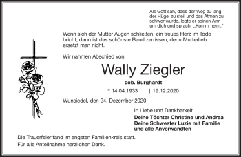 Traueranzeige von Wally Ziegler von Frankenpost