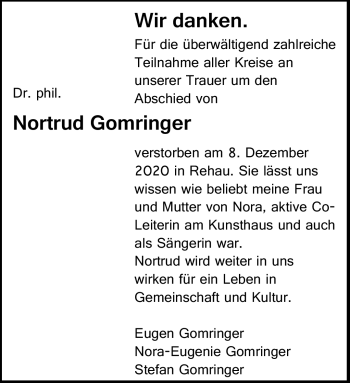 Traueranzeige von Nortrud Gomringer von Frankenpost