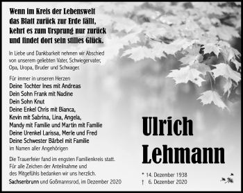 Traueranzeige von Ulrich Lehmann von Südthüringer Presse