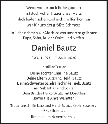 Traueranzeige von Daniel Bautz von Südthüringer Presse
