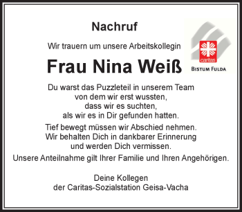 Traueranzeige von Nina Weiß von Südthüringer Presse