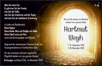 Traueranzeige von hartmut Weyh von Südthüringer Presse