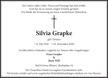 Traueranzeige von Silvia Grapke von Südthüringer Presse