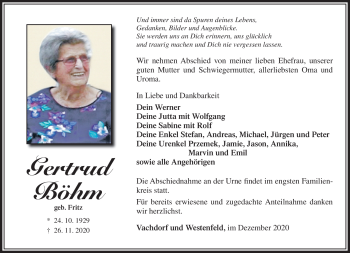 Traueranzeige von Gertrud Böhm von Südthüringer Presse