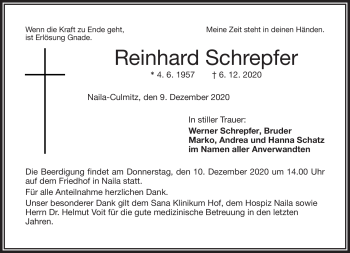 Traueranzeige von Reinhard Schrepfer von Frankenpost