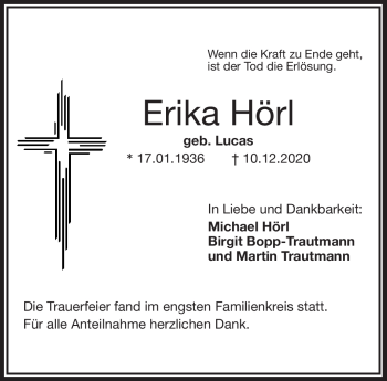 Traueranzeige von Erika Hörl von Frankenpost