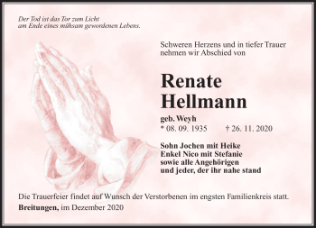 Traueranzeige von Renate Hellmann von Südthüringer Presse