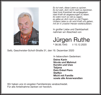 Traueranzeige von Jürgen Ruthe von Frankenpost