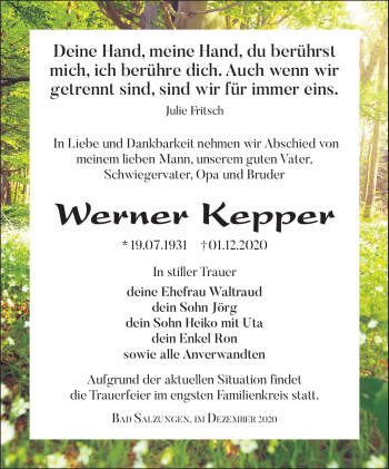 Traueranzeige von Werner Kepper von Südthüringer Presse