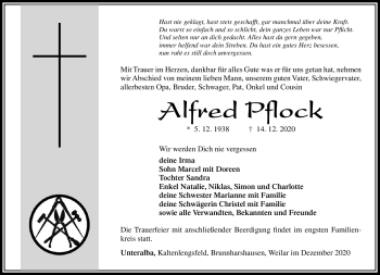 Traueranzeige von Alfred Pflock von Südthüringer Presse