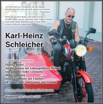 Traueranzeige von Karl-Heinz Schleicher von Südthüringer Presse