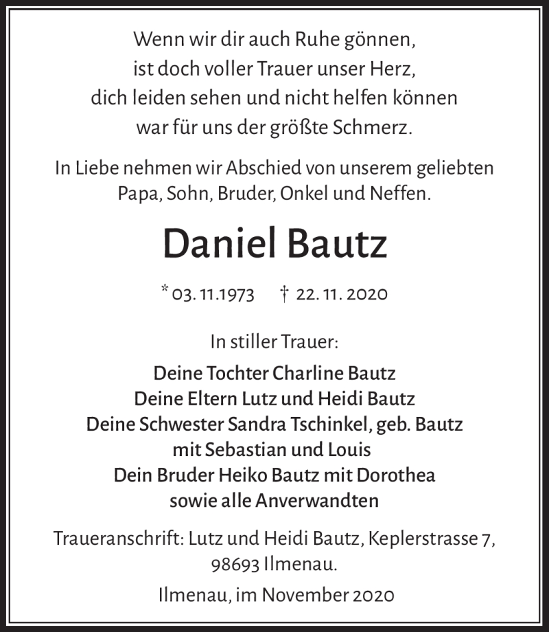  Traueranzeige für Daniel Bautz vom 28.11.2020 aus Südthüringer Presse