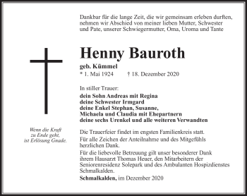 Traueranzeige von Henny Bauroth von Südthüringer Presse