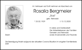 Traueranzeige von Roalia Bergmeier von Neue Presse Coburg
