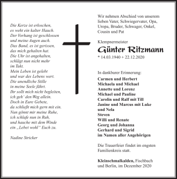 Traueranzeige von Günter Ritzmann von Südthüringer Presse