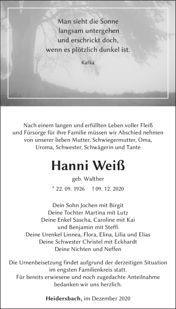 Traueranzeige von Hanni Weiß von Südthüringer Presse