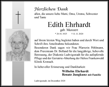 Traueranzeige von Edith Ehrhardt von Neue Presse Coburg