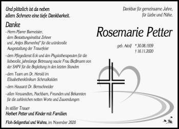 Traueranzeige von Rosemarie Peter von Südthüringer Presse
