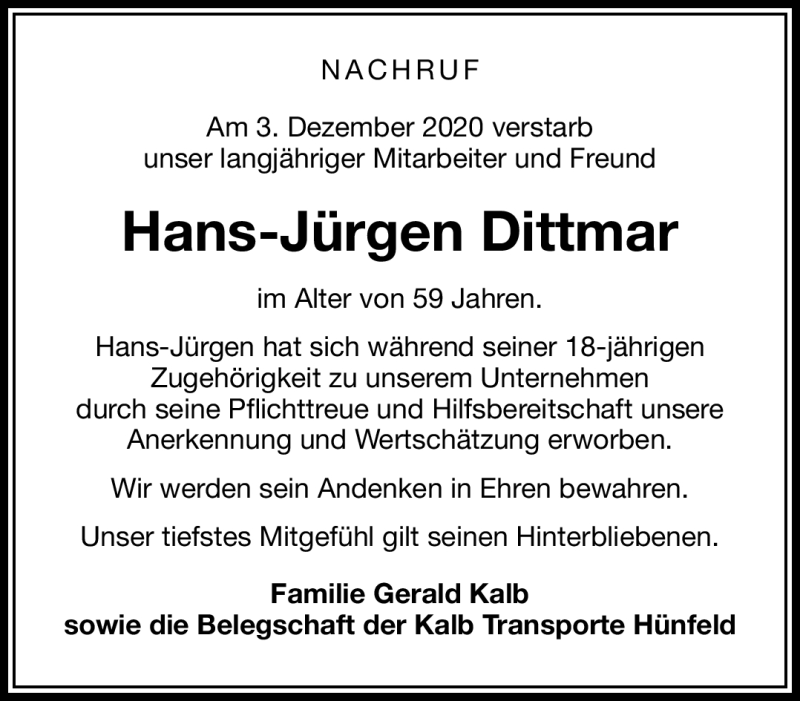  Traueranzeige für Hans-Jürgen Dittmar vom 12.12.2020 aus Südthüringer Presse