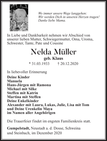 Traueranzeige von Nelda Müller von Südthüringer Presse