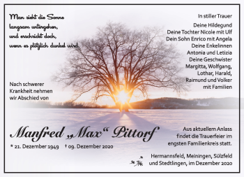 Traueranzeige von Manfred Pittrof von Südthüringer Presse