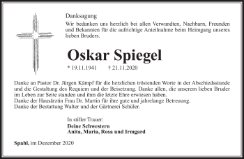 Traueranzeige von Oskar Spiegel von Südthüringer Presse