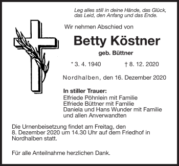 Traueranzeige von Betty Köstner von Neue Presse Coburg