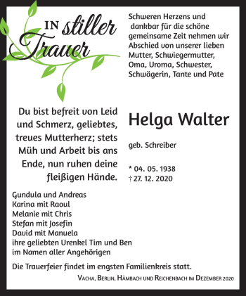 Traueranzeige von Helga Walter von Südthüringer Presse