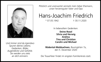 Traueranzeige von Hans-Joachim Friedrich von Neue Presse Coburg