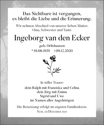 Traueranzeige von Ingeborg van den Ecker von Südthüringer Presse