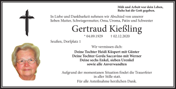 Traueranzeige von Gertraud Kießling von Frankenpost