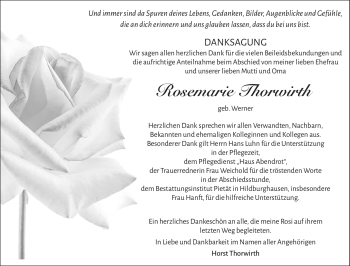 Traueranzeige von Rosemarie Thorwirth von Südthüringer Presse