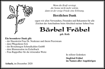 Traueranzeige von Bärbel Fräbel von Südthüringer Presse