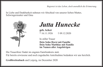 Traueranzeige von Jutta Hunecke von Südthüringer Presse
