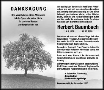 Traueranzeige von Herbert Baumbach von Südthüringer Presse