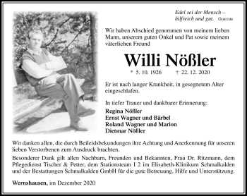 Traueranzeige von Willi Nößler von Südthüringer Presse