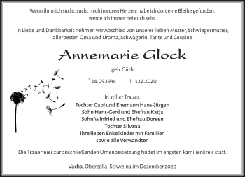Traueranzeige von Annnemarie Glock von Südthüringer Presse
