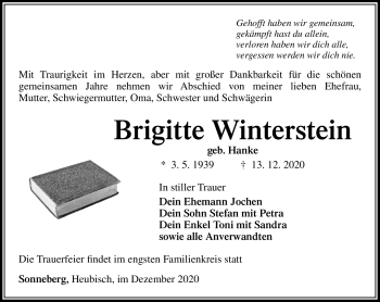 Traueranzeige von Brigitte Winterstein von Südthüringer Presse