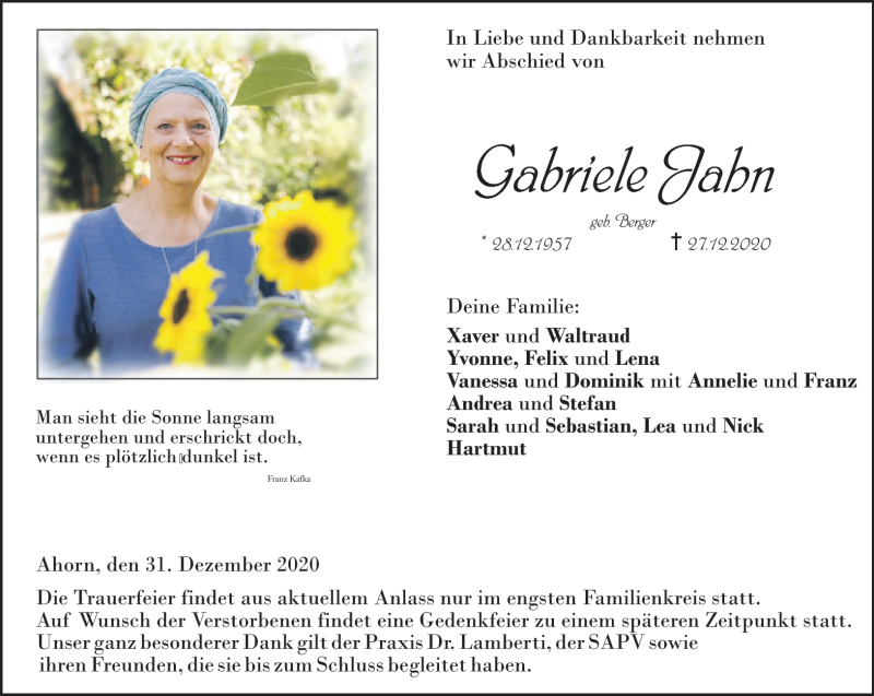  Traueranzeige für Gabriele Jahn vom 31.12.2020 aus Neue Presse Coburg
