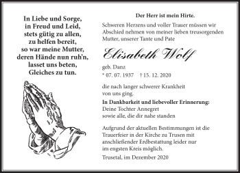 Traueranzeige von Elisabeth Wolf von Südthüringer Presse
