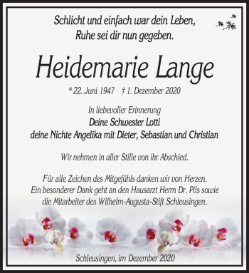 Traueranzeige von Heidemarie Lange von Südthüringer Presse