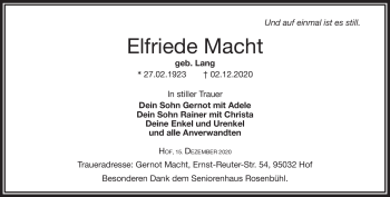 Traueranzeige von Elfriede Macht von Frankenpost