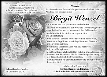 Traueranzeige von Birgit Wenzel von Südthüringer Presse
