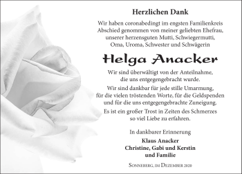 Traueranzeige von Helga Anacker von Südthüringer Presse
