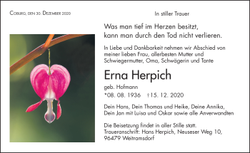 Traueranzeige von Erna Herpich von Neue Presse Coburg