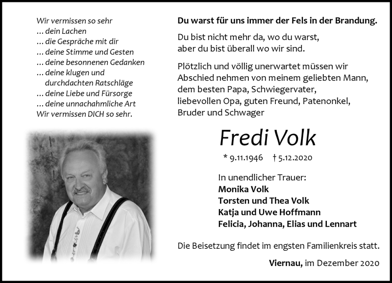  Traueranzeige für Fredi Volk vom 12.12.2020 aus Südthüringer Presse