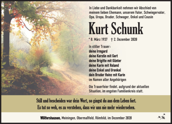 Traueranzeige von Kurt Schunk von Südthüringer Presse
