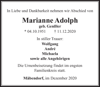 Traueranzeige von Marianne Adolph von Südthüringer Presse