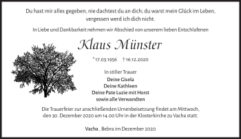 Traueranzeige von Klaus Münster von Südthüringer Presse