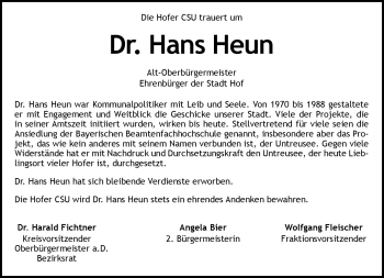 Traueranzeige von Hans Heun von Frankenpost